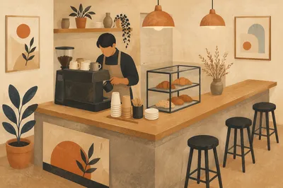 Minimalist Cafe Counter With Barista