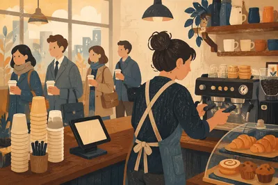Morning Barista Rush at Coffee Counter