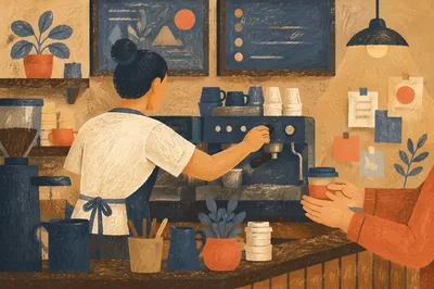 Warm Coffee Shop Barista Counter Scene
