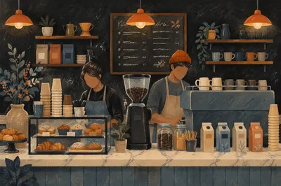 Busy Coffee Shop Barista Counter Scene