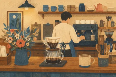 Cozy Coffee Shop Counter and Barista