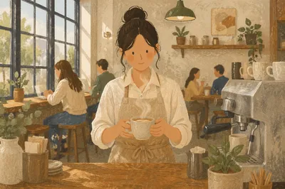 Welcoming Barista at Bright Cafe Counter