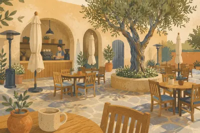 Morning Cafe Courtyard with Barista Counter