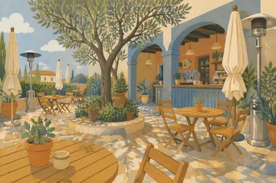 Upscale Cafe Courtyard Before Morning Rush