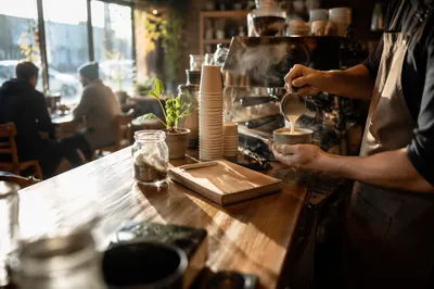 Morning Barista Preparing Latte at Cafe Counter