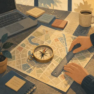 Brass Compass on City Map Strategy