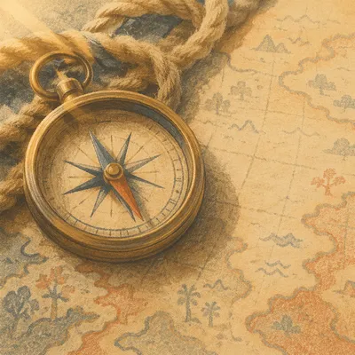 Antique Compass on Vintage Map Direction