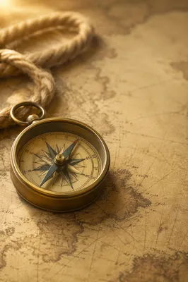 Antique Compass on Vintage Map Direction