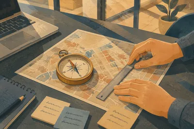 Brass Compass on City Map Strategy