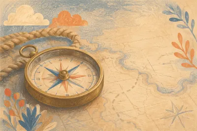 Antique Compass on Vintage Map Strategy