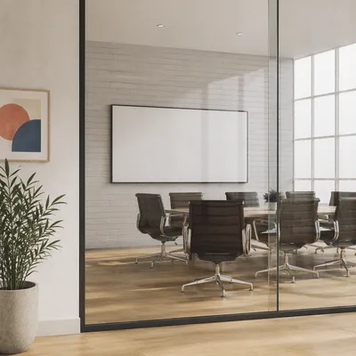 Modern Glass Conference Room with Whiteboard