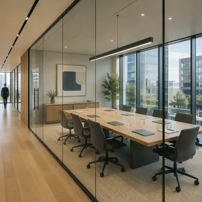 Modern Glass Conference Room in Office Corridor
