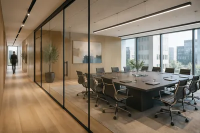Modern Glass Conference Room in Office Corridor