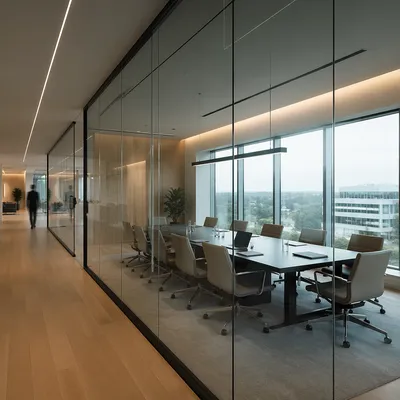Modern Glass Conference Room in Office Corridor
