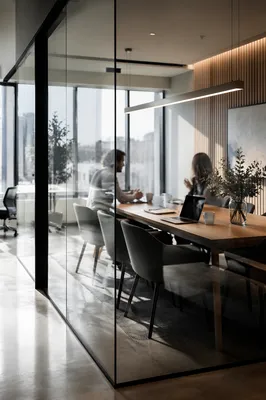 Modern Glass Conference Room Morning Scene