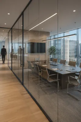 Modern Glass Conference Room in Office Corridor