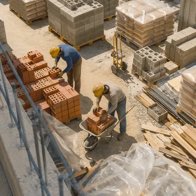 Construction Workers Handling Bricks at Busy Site