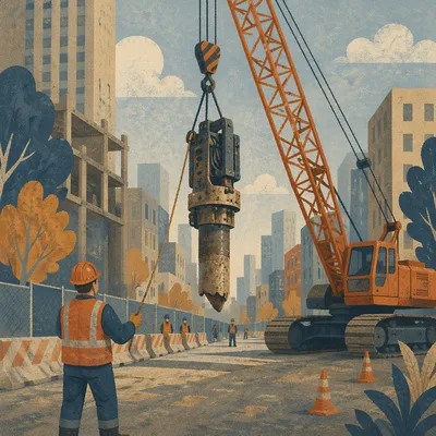 Urban Construction Crew Guiding Crane Load