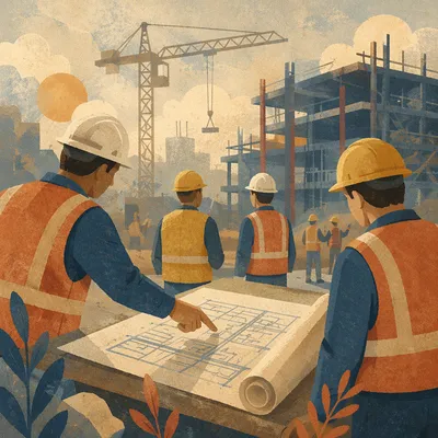 Construction Team Reviewing Blueprints at Sunrise