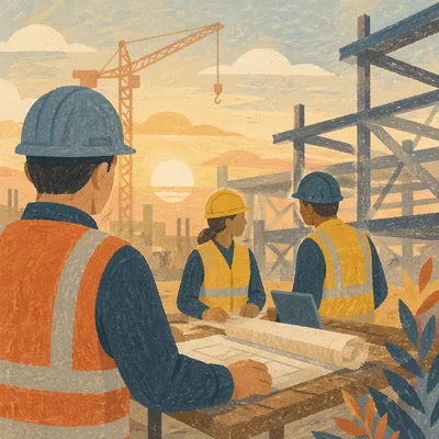 Construction Team Reviewing Plans at Sunrise