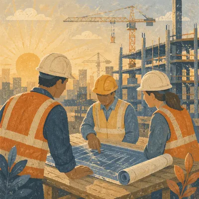 Construction Workers Reviewing Blueprints at Sunrise