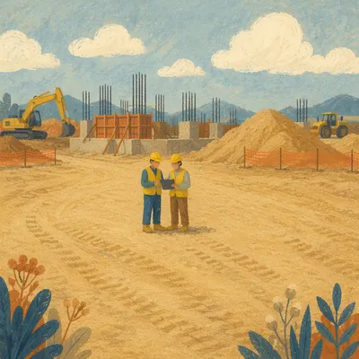 Construction Workers Reviewing Plans on Site