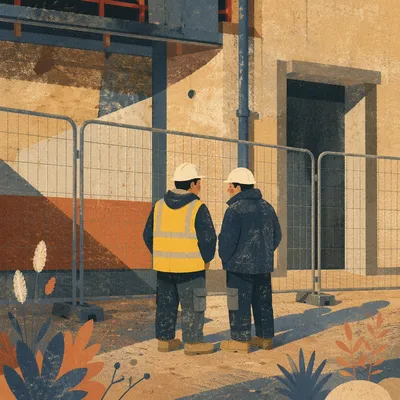 Construction Workers by Urban Safety Fence