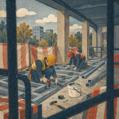 Construction Workers Framing Urban Walkway