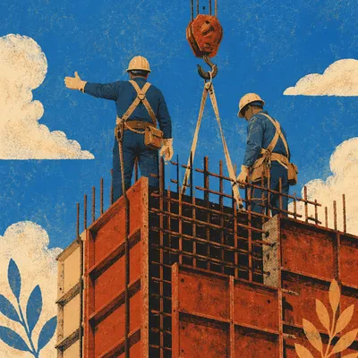 Construction Workers on High Rebar Framework