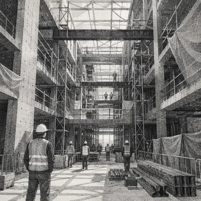 Hard Hat Workers in Commercial Construction Atrium