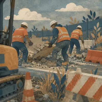 Construction Workers Clearing Roadside Concrete Debris