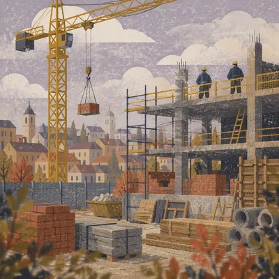 Urban Construction Workers with Tower Crane