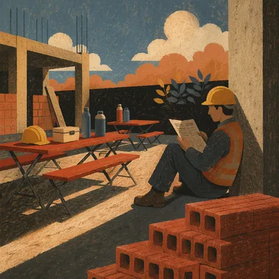 Quiet Construction Worker Break in Sunlit Site