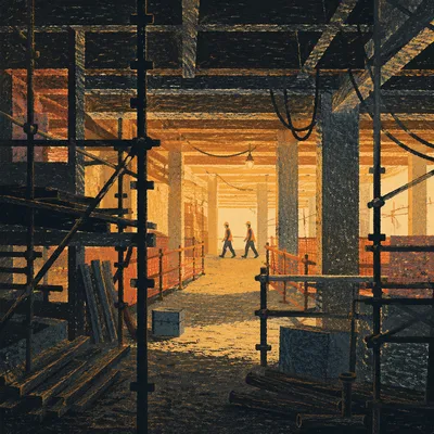 Night Construction Workers in Commercial Building