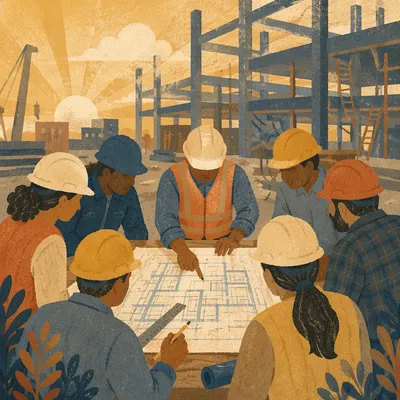 Construction Team Reviewing Blueprints at Sunrise