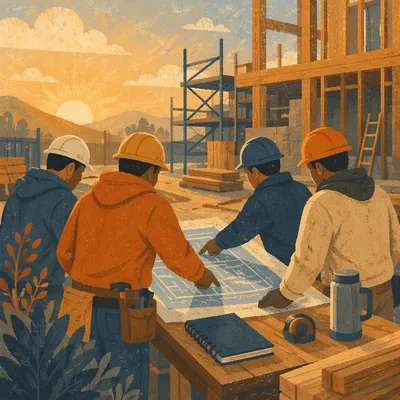 Construction Workers Planning at Sunrise