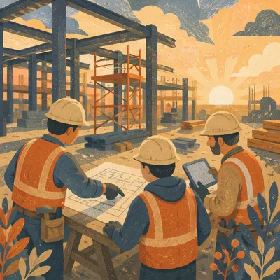 Construction Team Planning at Sunrise