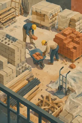 Construction Workers Staging Bricks in Hard Hats