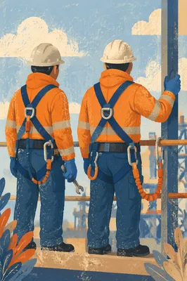 Construction Workers Wearing Hard Hats and Harnesses