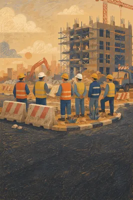 Hard Hat Workers at Urban Construction Site