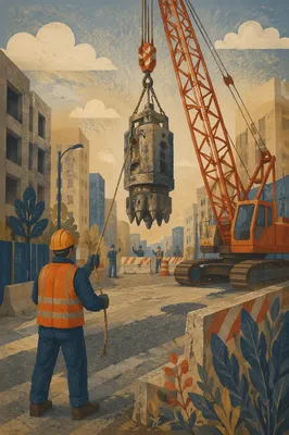 Urban Construction Crew Guiding Crane Load