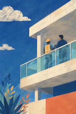 Construction Workers Planning Above Glass Railing