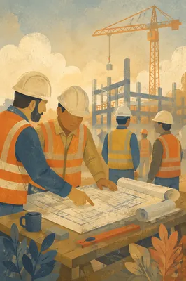 Construction Team Reviewing Blueprints at Dawn