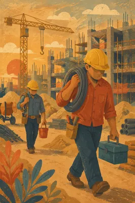 Construction Workers at Golden Hour Site