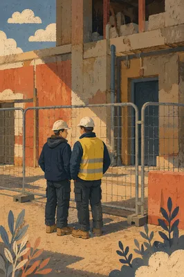 Construction Workers by Urban Safety Fence