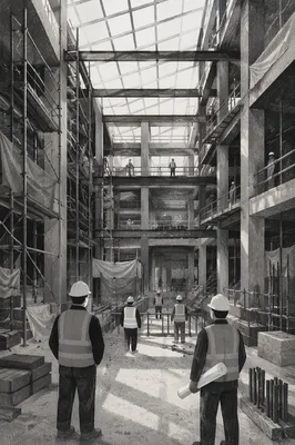 Hard Hat Workers Inside Commercial Atrium