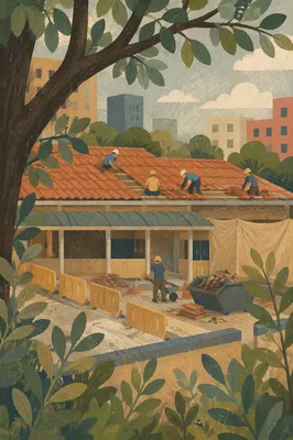 Renovation Crew Working on Urban Red Tile Roof