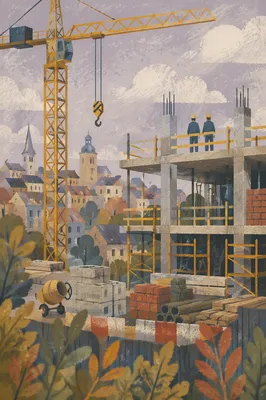 Urban Construction Workers With Yellow Hard Hats