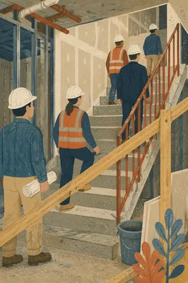 Hard Hat Inspectors in Unfinished Stairwell