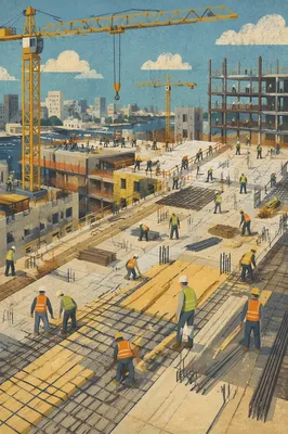 Urban Construction Workers on Industrial Roof Deck